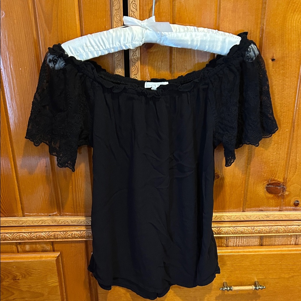 Maurices Black Off-Shoulder Lace Sleeve Top